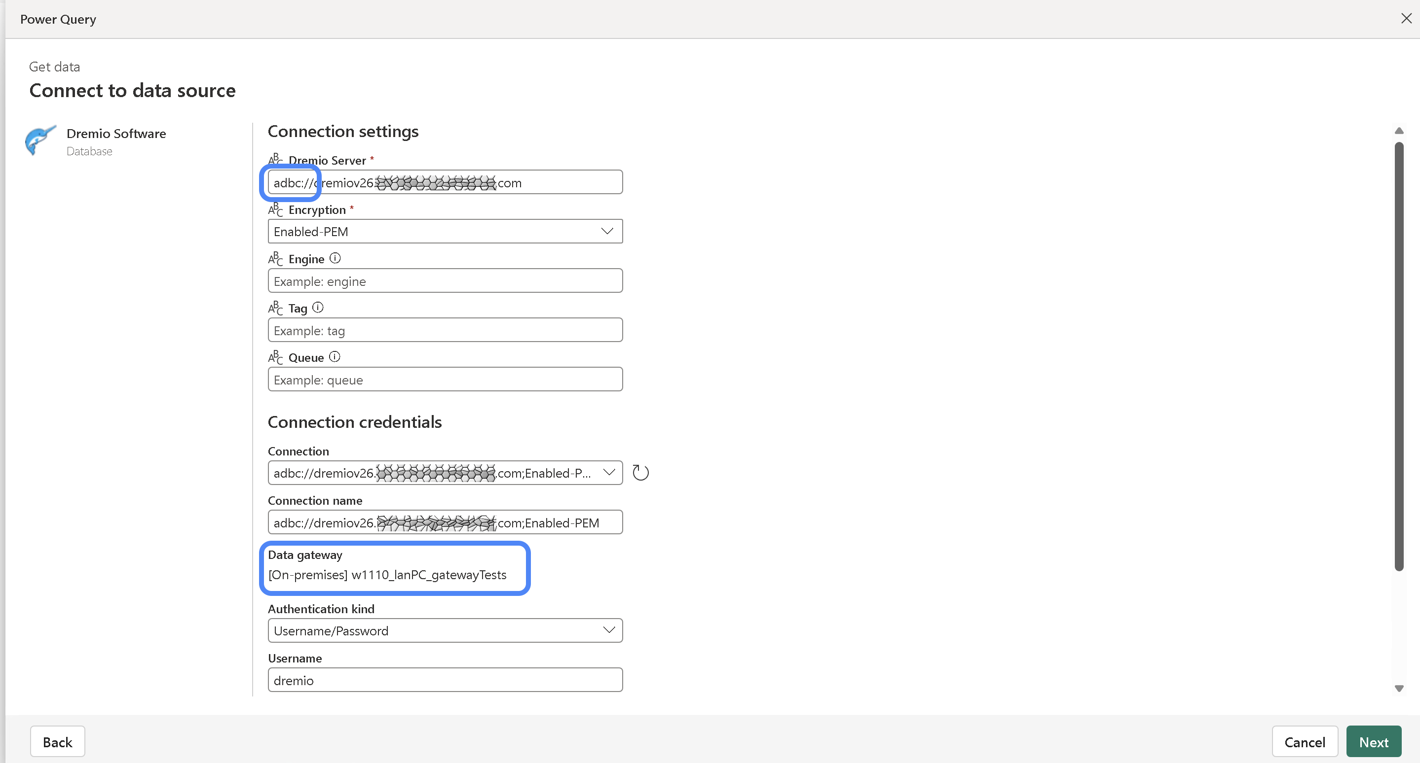 5- use adbc-::  , select your gateway, add your dremio credentials, and hit next.png