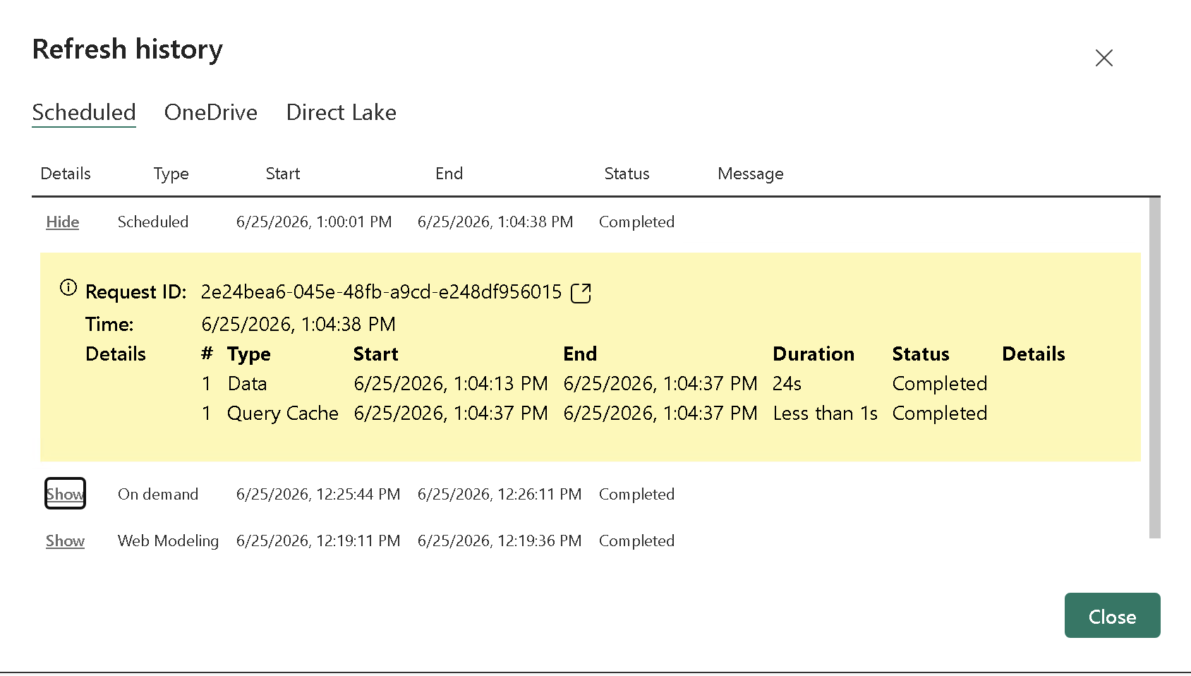 12- once completed you can see as well the details of the schedule execution from Refresh history.png